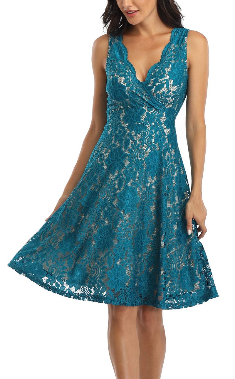 MISS MOLY Women Floral Lace Overlay Fit and Flare Dress Elegant V Neck Knee Length Skater Dress Peacock XS - Image 2